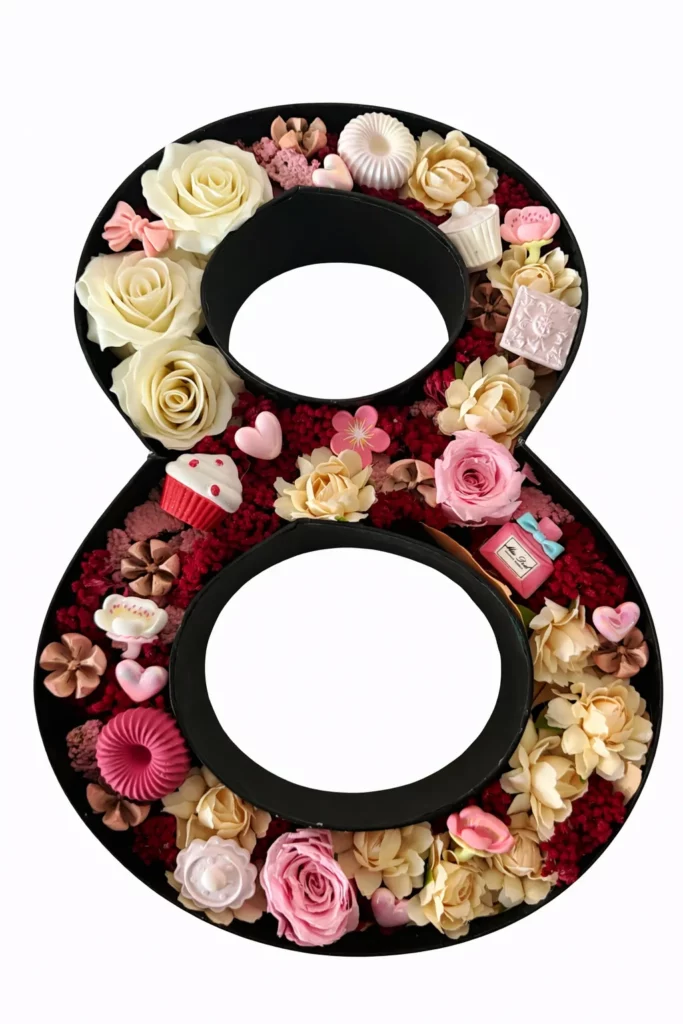 Flower box 8 elegant cu camelii crem și decorațiuni ceramice