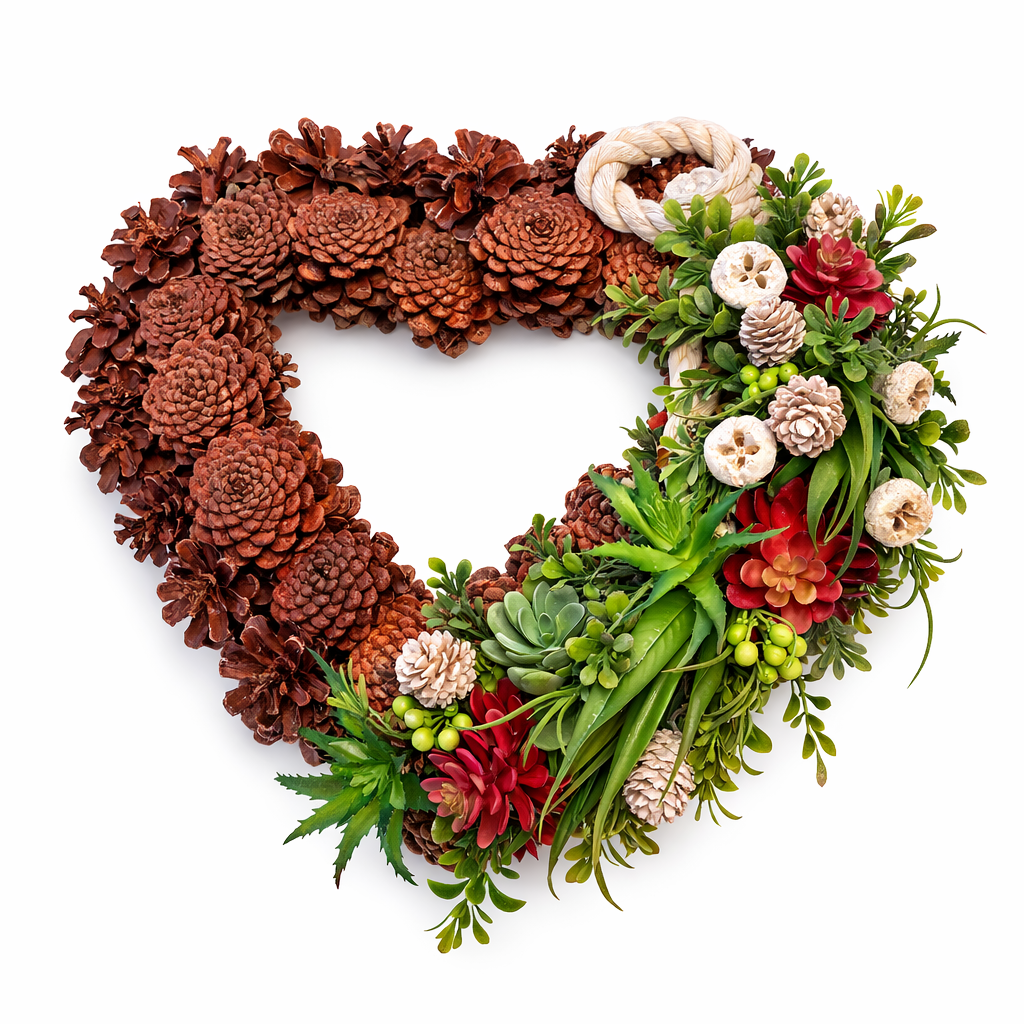 Coroană comemorativă inimă cu conuri naturale și suculente