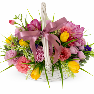 Aranjament decorativ primăvară în coș ratan alb