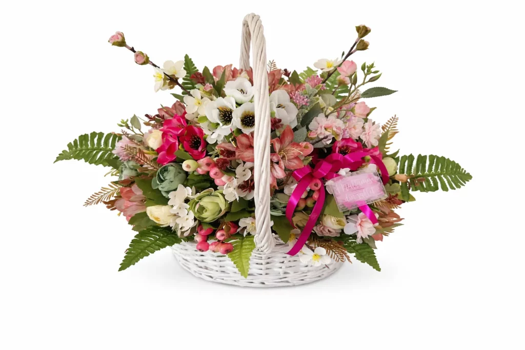 Coș floral premium primăvară din ratan alb cu flori roz