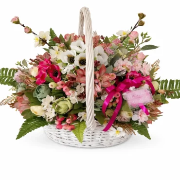 Coș floral premium primăvară din ratan alb cu flori roz