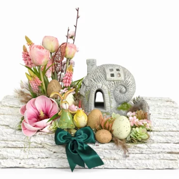 Aranjament buturugă Paști cu căsuță melc - ansamblu