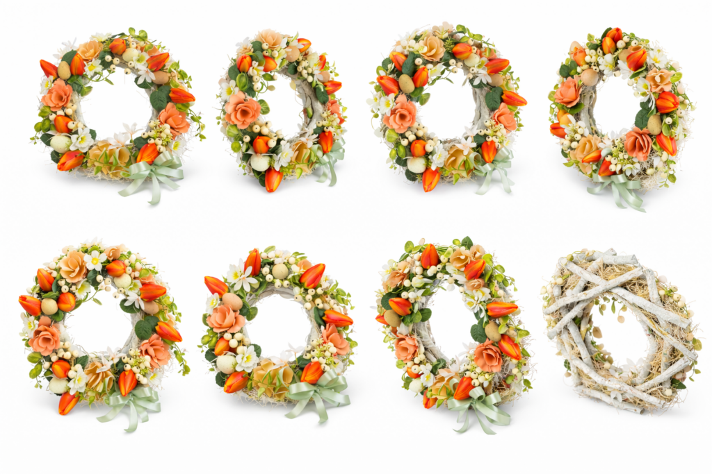 Coroniță primăvară rustică - detaliu flori lemn pastel