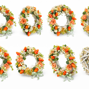 Coroniță primăvară rustică - detaliu flori lemn pastel