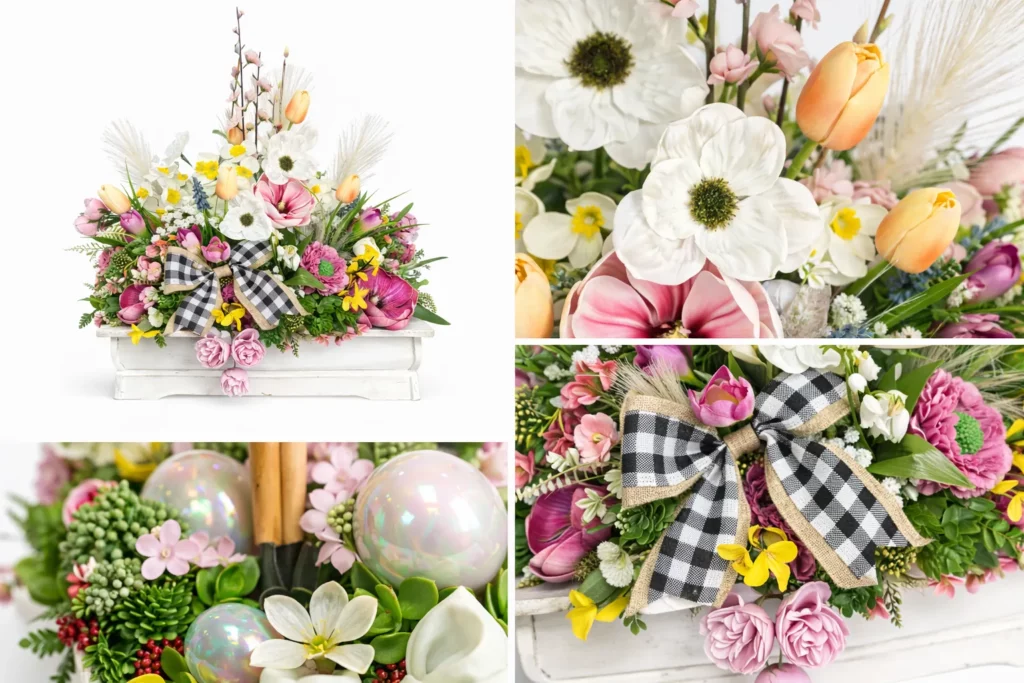 Aranjament primăvară vibrant - coș lemn alb cu flori