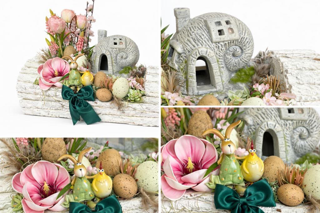 Aranjament Paști - detaliu figurine decorative pastel