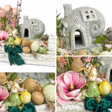 Coș buturugă Paști - găină decorativă și flori pastel