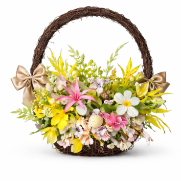 Coroniță decorativă coș din nuiele cu flori de primăvară