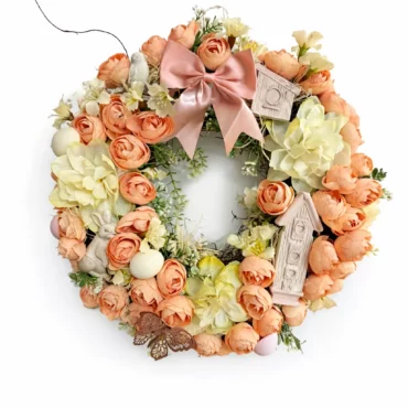 Coroniță Peach Spring cu iepure și căsuță păsări ceramice