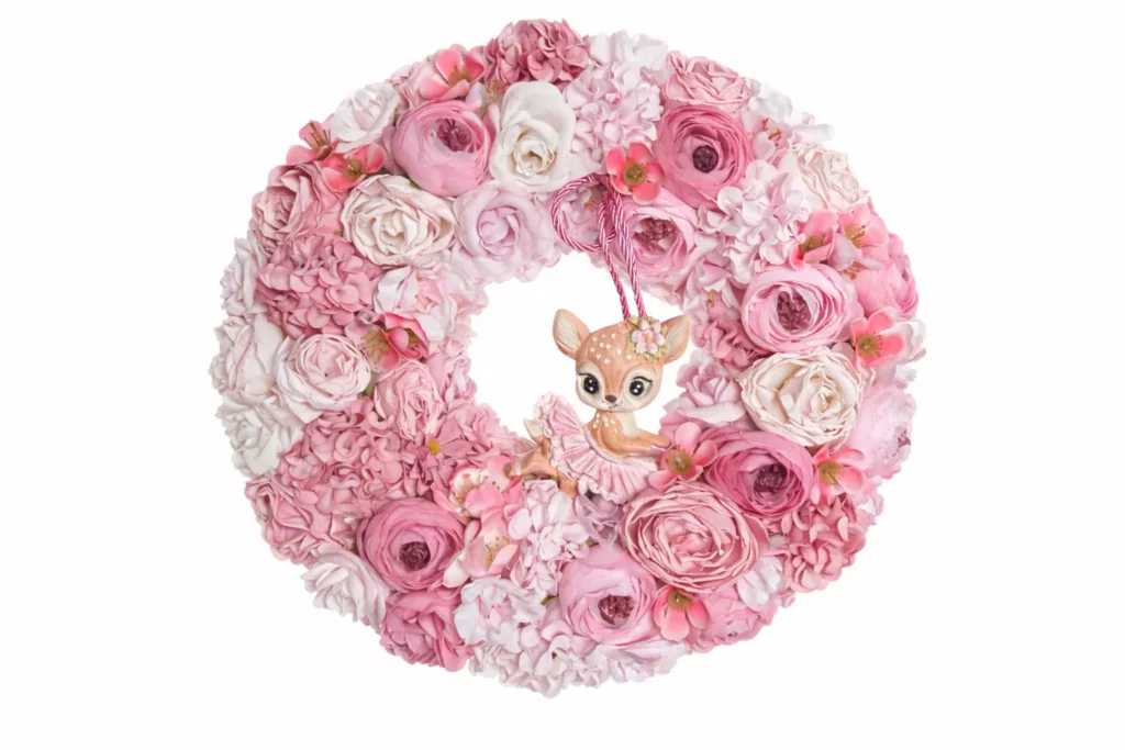 Coroniță Pink Blossom cu căprioară ceramică și flori roz