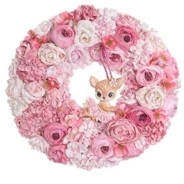 Coroniță Pink Blossom cu căprioară ceramică și flori roz