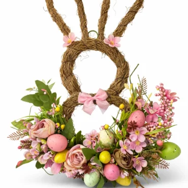 Coroniță iepuraș din nuiele cu ouă pastel și flori