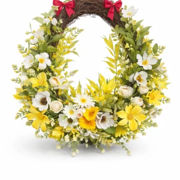 Coroniță ou din nuiele cu narcise galbene și margarete