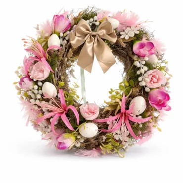 Coroniță ușă cu bujori roz, pene și ouă decorative