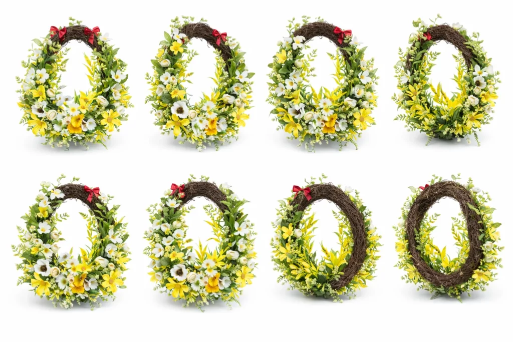 Coroniță ușă ou - detaliu fundițe roșii și flori