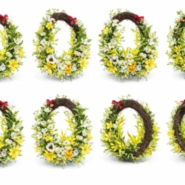 Coroniță ușă ou - detaliu fundițe roșii și flori