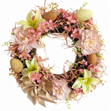 Coroniță ușă cu crini roz și ouă decorative pe nuiele