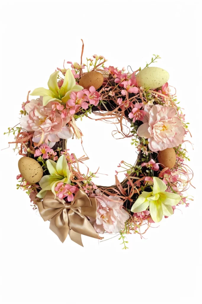 Coroniță ușă cu crini roz și ouă decorative pe nuiele